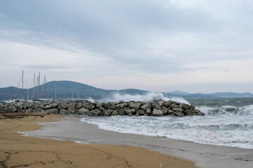 Port Cogolin beach shore rainy day with wind