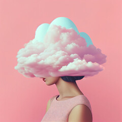 A faceless woman who has a big, thick, white cloud instead of a face. The world of imagination and thinking. Abstract portrait. Pastel pink background. Illustration, Generative AI.