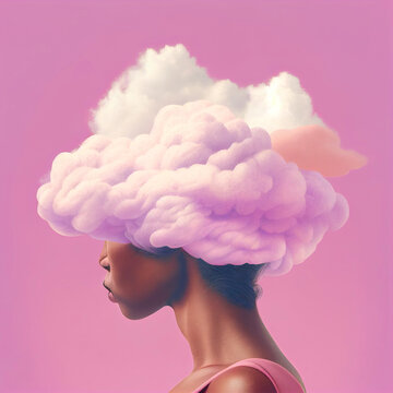 A faceless woman who has a big, thick, white cloud instead of a face. The world of imagination and thinking. Abstract portrait. Pastel pink background. Illustration, Generative AI.