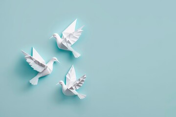 Origami birds are flying, overhead top view. White origami birds isolated on pastel blue background. Generative AI