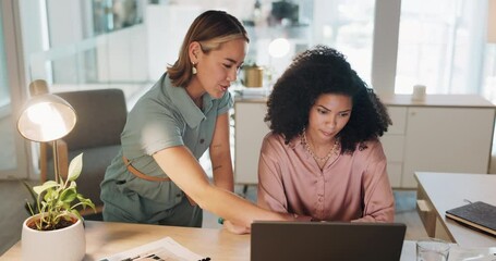 Support, laptop and business women coaching, training and helping on website, system or software management. Office manager, mentor and employee, staff or worker at desk review, feedback and learning