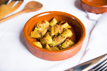 Pork Pinchos Spanish Tapa. Pork cut into cubes and marinated with various spices.