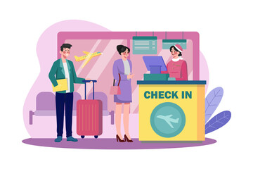 Passengers stand in line to check in at the airport