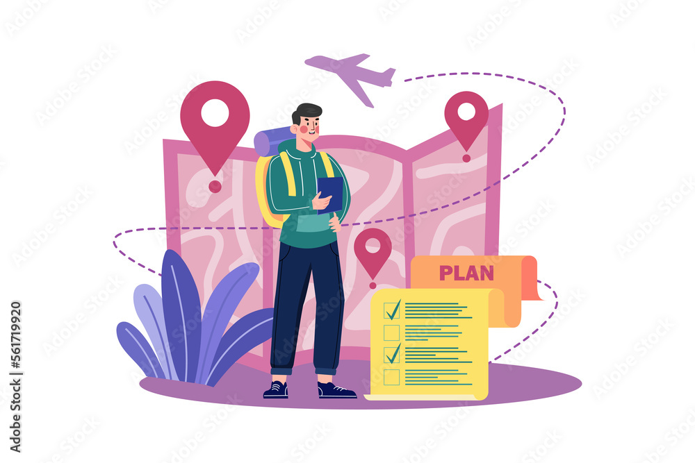 Wall mural Young man with luggage, planning sightseeing route for attractions