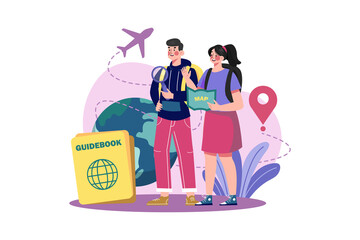 Tourist man and woman walking with map or guidebook