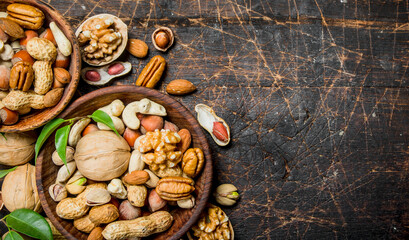 Different types of nuts in bowls with green leaves.