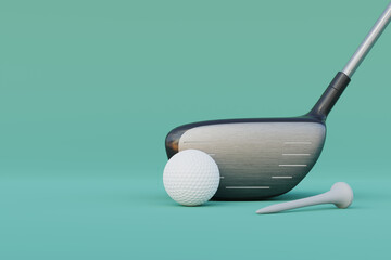 golf ball and tee and golf driver background, 3d rendering
