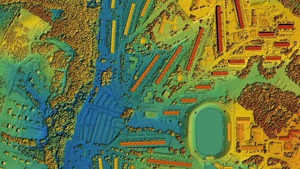 Digital elevation model. GIS product made after proccesing aerial pictures taken from a drone. It shows city urban area with roads and suburbs	
