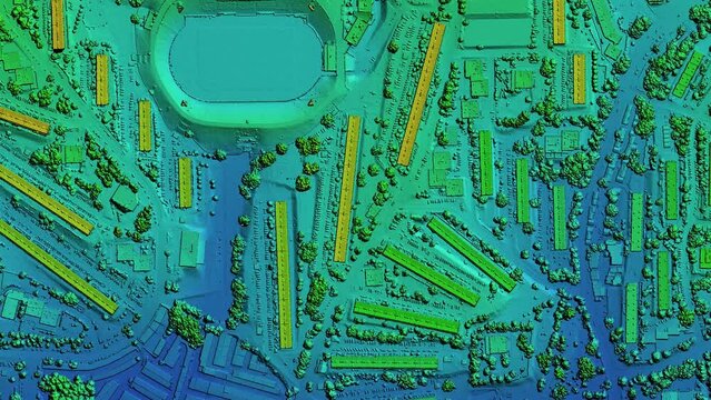 Digital elevation model. GIS product made after proccesing aerial pictures taken from a drone. It shows city urban area with roads and suburbs	
