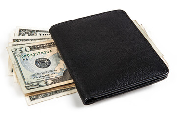 black leather wallet with banknotes lying on a white background