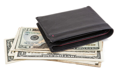 black leather wallet with banknotes lying on a white background