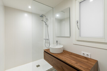 Bathroom with small round white sink on long wooden countertop floating in air. Mirror above sink reflects wall opposite, next to window with frosted glass. Shower area is separated by glass railing.