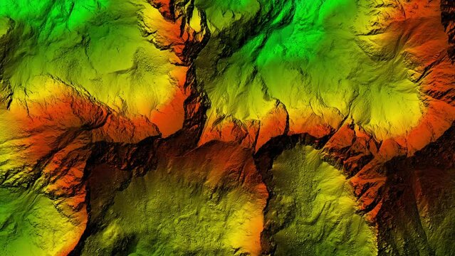 Elevation model animation. GIS product made after proccesing aerial data taken from a drone. It shows high rocky and steep mountain peaks. At their feet are visible valleys and mountain lakes