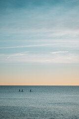 The horizon line where the clear blue cloudless sky and the calm ocean meet. In the distance, human silhouettes of paddle surfers with rowing oars in their hands.