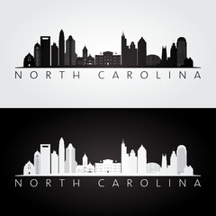 Fototapeta premium North Carolina state skyline and landmarks silhouette, black and white design. Vector illustration.