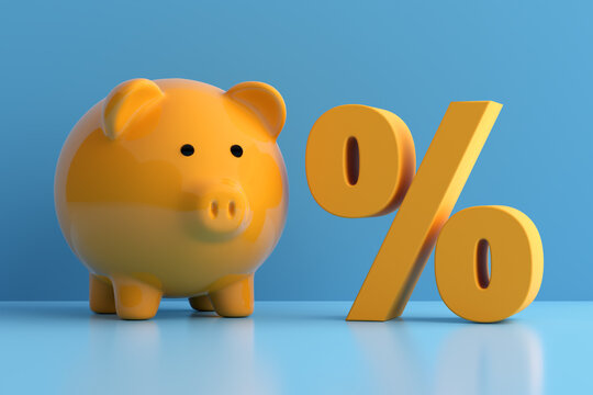 Savings percent, investment ratio or money accumulation. Piggy bank and a percentage sign on blue background.