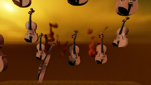 violin falling with gold background