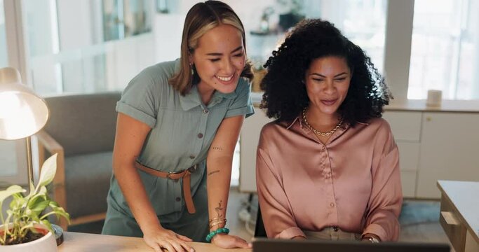 Teamwork, success and business people fist bump for laptop learning, training and problem solving. Happy, celebration and winner hand sign of marketing women and manager on solution, goals or mission