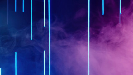 Color steam. Defocused neon light. Cyberpunk vapor. Blur UV pink blue purple glowing fog flow on...