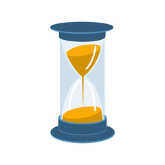 Blue hourglass. Vintage sandglass with sand inside to measure time. Hand drawn vector illustration isolated on white background, modern flat cartoon style.