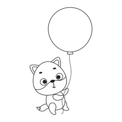 Coloring page cute little fox flies on balloon. Coloring book for kids. Educational activity for preschool years kids and toddlers with cute animal. Vector stock illustration