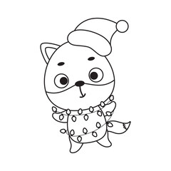 Coloring page cute Christmas fox with garland. Coloring book for kids. Educational activity for preschool years kids and toddlers with cute animal. Vector stock illustration
