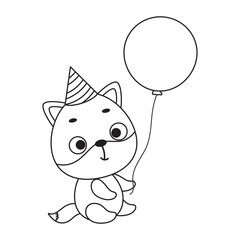 Coloring page cute little fox in birthday hat hold balloon. Coloring book for kids. Educational activity for preschool years kids and toddlers with cute animal. Vector stock illustration