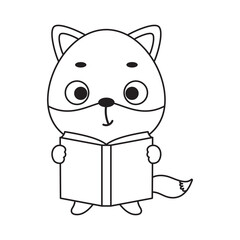 Coloring page cute little fox reads book. Coloring book for kids. Educational activity for preschool years kids and toddlers with cute animal. Vector stock illustration