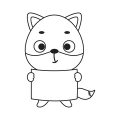 Coloring page cute little fox holds paper sheet. Coloring book for kids. Educational activity for preschool years kids and toddlers with cute animal. Vector stock illustration