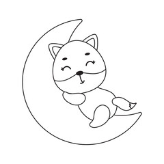 Coloring page cute little fox sleeping on moon. Coloring book for kids. Educational activity for preschool years kids and toddlers with cute animal. Vector stock illustration