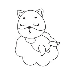 Coloring page cute little fox sleeping on cloud. Coloring book for kids. Educational activity for preschool years kids and toddlers with cute animal. Vector stock illustration