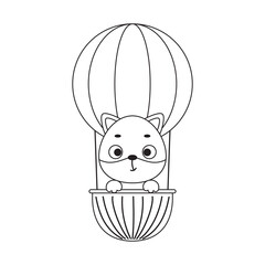 Coloring page cute little fox flying on hot air balloon. Coloring book for kids. Educational activity for preschool years kids and toddlers with cute animal. Vector stock illustration