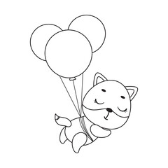 Coloring page cute little fox flying on balloons. Coloring book for kids. Educational activity for preschool years kids and toddlers with cute animal. Vector stock illustration