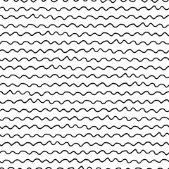 Hand drawn ink doodle simple wave pattern. Monochrome colors. Expressive seamless abstract background in black and white. Trendy brush marks. Vector illustration