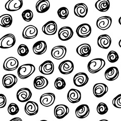 Hand drawn ink doodle simple pattern. Round elements. Monochrome colors. Expressive seamless abstract background in black and white. Trendy brush marks. Vector illustration