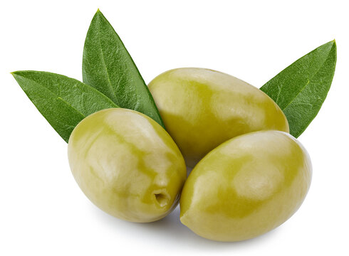 Isolated Olive. Fresh organic olive with leaves isolated clipping path. Olive macro studio photo.