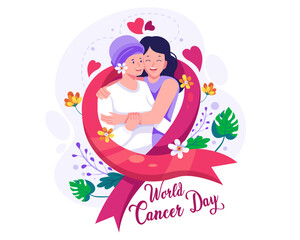 A girl hugs her mother who has cancer with love. with a red ribbon and flowers. World cancer day concept illustration