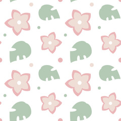 Vector simple seamless pattern with delicate flowers and monstera leaves. Tender floral wallpaper.
