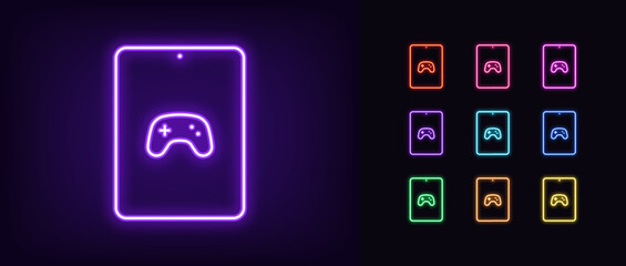 Outline neon tablet icon set. Glowing neon tablet frame with gamepad sign, gaming app pictogram. Portable pad with game controller on screen, wireless joystick. © Дмитрий Майер