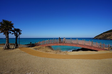fine seaside bridge and distant island
