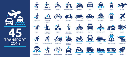 Fototapeta Transport icon set. Containing car, bike, plane, train, bicycle, motorbike, bus and scooter icons. Solid icon collection. obraz