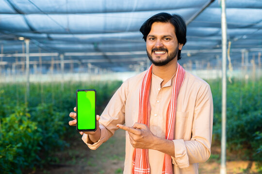 Happy smiling young farmer showing green screen mobile phone by pointing finger by looking camera at greenhouse - concept of agriculture promotion, advertisement and app promotion