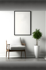 Elegant living room interior with framed art print above a gray sofa, glass coffee table, bookshelf & natural light. Ideal for showcasing interior design and home decor products, art and photography p