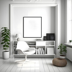 Elegant living room interior with framed art print above a gray sofa, glass coffee table, bookshelf & natural light. Ideal for showcasing interior design and home decor products, art and photography p