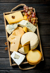 Different types of cheese in a wooden tray with grapes . - 561724964