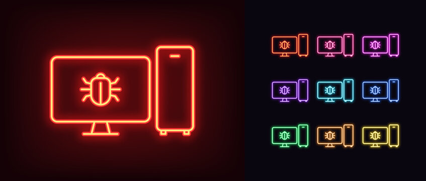Outline neon pc malware icon set. Glowing neon system unit and monitor screen frame with bug sign, cyber security hack pictogram. Error debug, software bugs, hacker and virus attack.