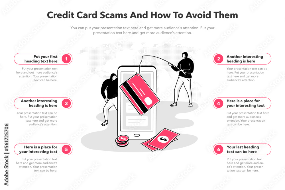 Aufkleber Simple infographic template for credit card scams and how to avoid them. 6 stages template with a smartphone and two hackers as a main symbol.