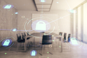 Double exposure of virtual creative lock hologram with chip on a modern meeting room background. Information security concept