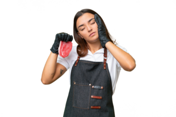 Butcher woman wearing an apron and serving fresh cut meat isolated on green chroma background with headache