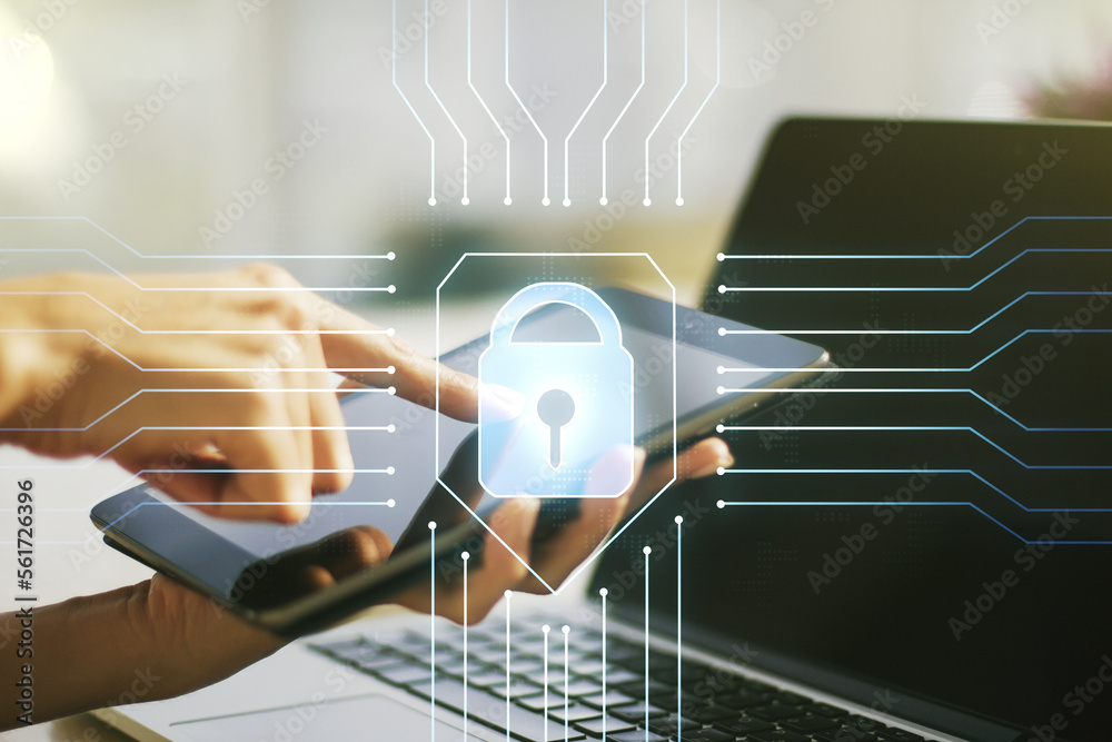 Aufkleber creative lock illustration with microcircuit and finger presses on a digital tablet on background, c